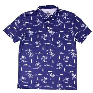 Kaipar Mens L Blue Hawaiian Palm Tree Sailboat Print Performance Golf Polo Shirt